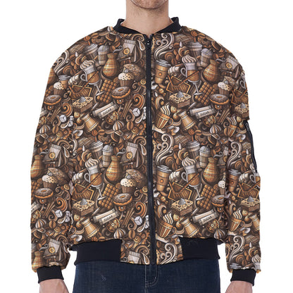 Coffee And Dessert Drawing Pattern Print Zip Sleeve Bomber Jacket