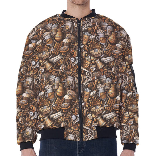 Coffee And Dessert Drawing Pattern Print Zip Sleeve Bomber Jacket