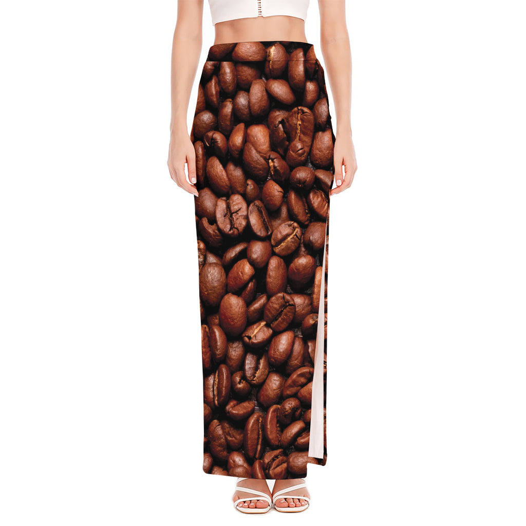 Coffee Beans Print High Slit Maxi Skirt