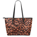 Coffee Beans Print Leather Tote Bag With Zipper