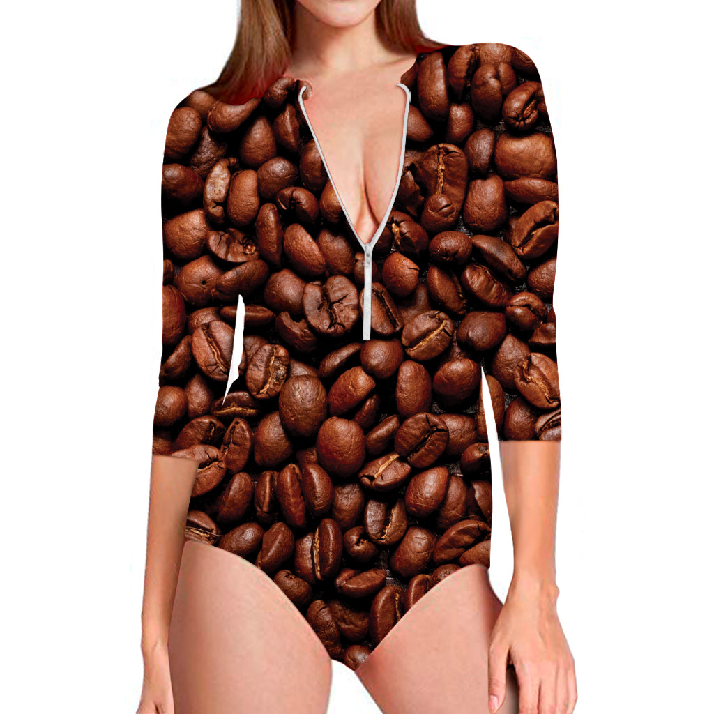 Coffee Beans Print Long Sleeve Swimsuit