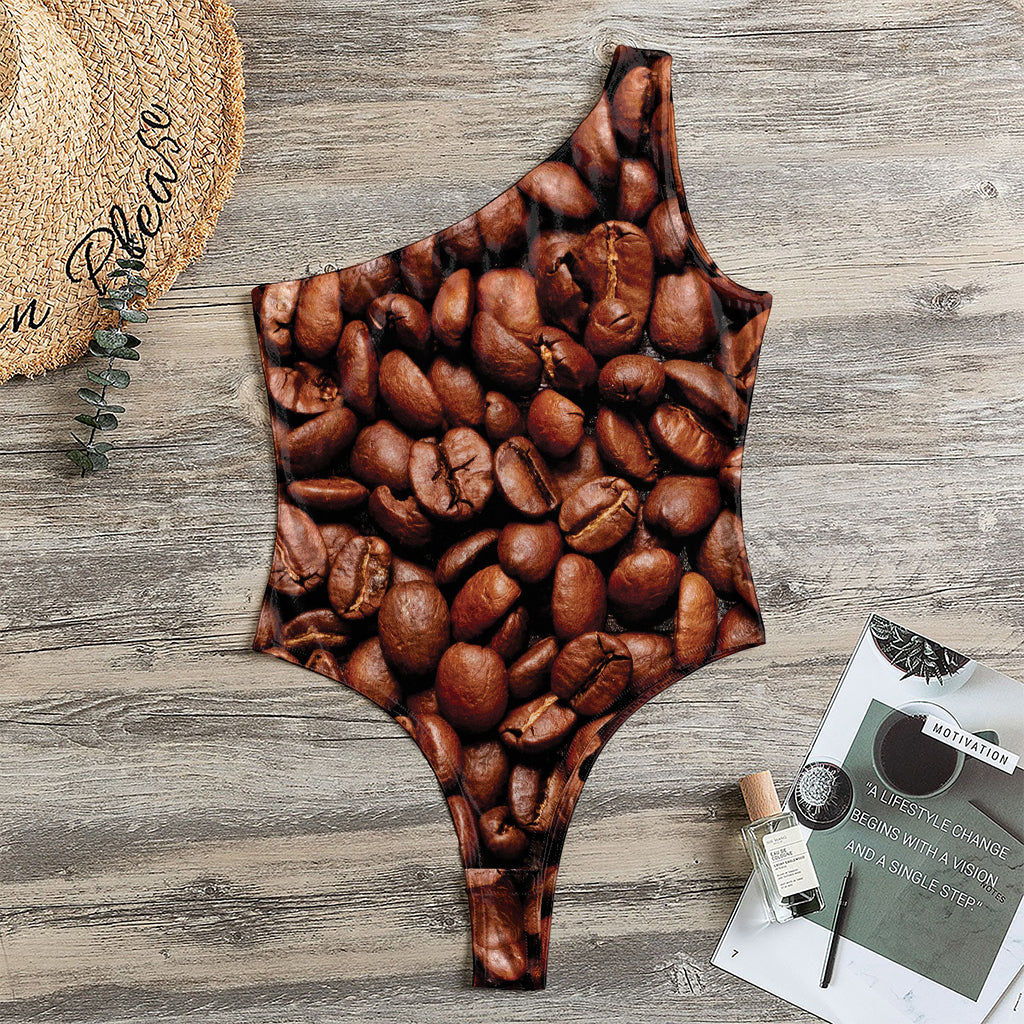 Coffee Beans Print One Shoulder Bodysuit
