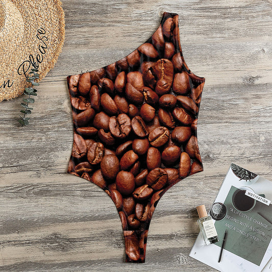 Coffee Beans Print One Shoulder Bodysuit