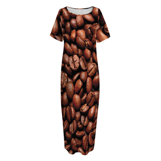 Coffee Beans Print Short Sleeve Long Nightdress