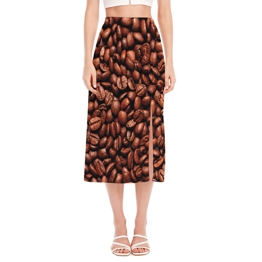 Coffee Beans Print Side Slit Midi Skirt