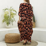 Coffee Beans Print Silk V-Neck Kaftan Dress
