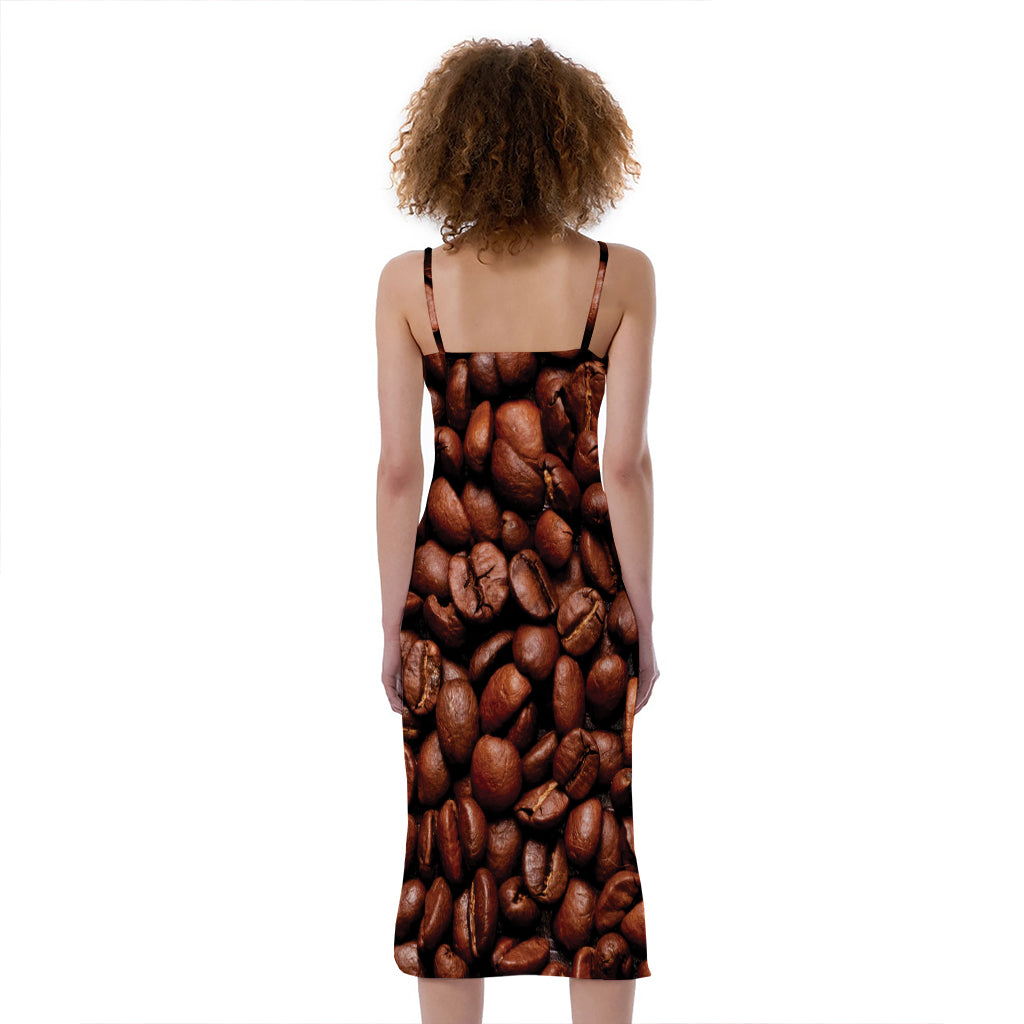 Coffee Beans Print Slim Fit Midi Cami Dress