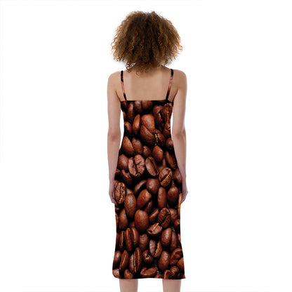 Coffee Beans Print Slim Fit Midi Cami Dress
