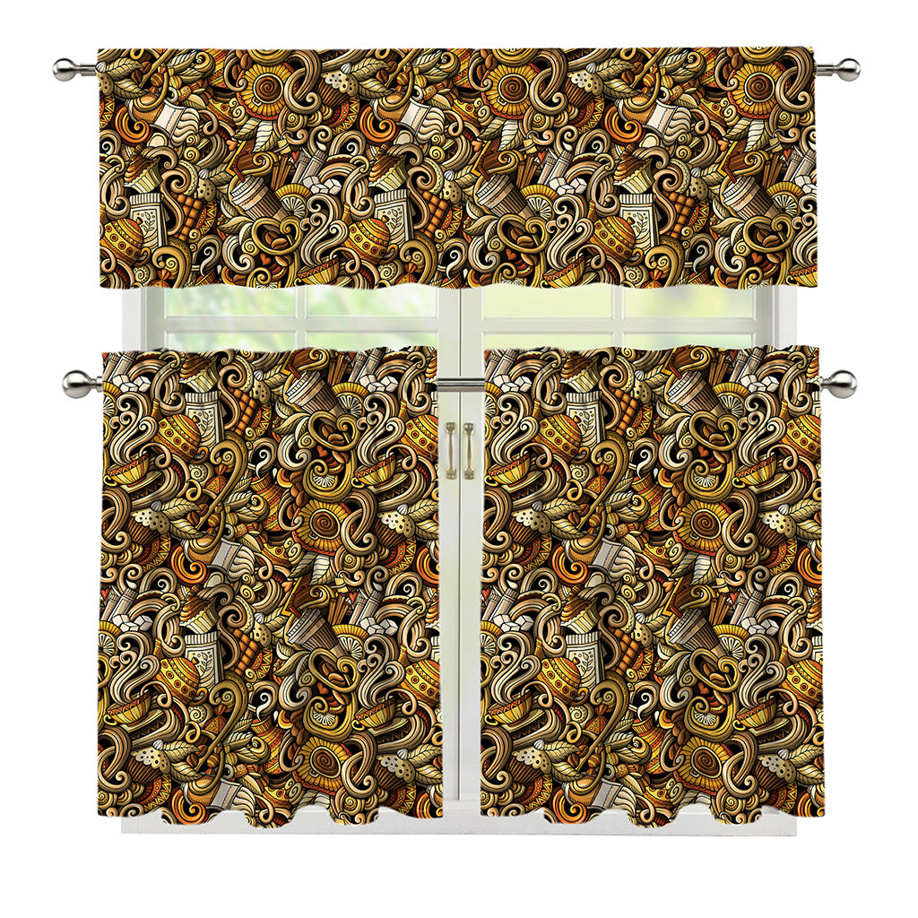 Coffee Drawing Pattern Print 3 Piece Kitchen Curtains