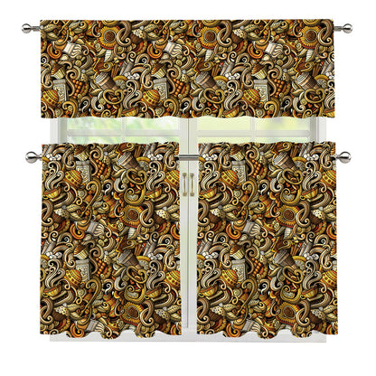 Coffee Drawing Pattern Print 3 Piece Kitchen Curtains