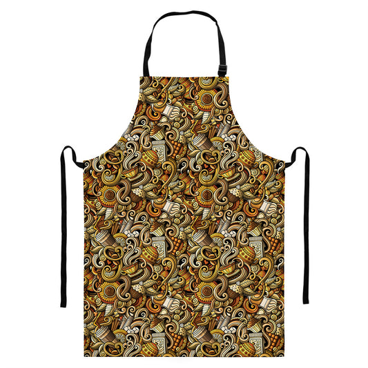 Coffee Drawing Pattern Print Bib Apron With Pocket