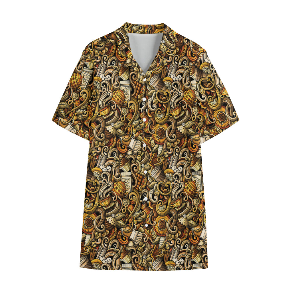 Coffee Drawing Pattern Print Cotton Hawaiian Shirt