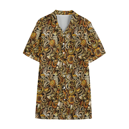 Coffee Drawing Pattern Print Cotton Hawaiian Shirt