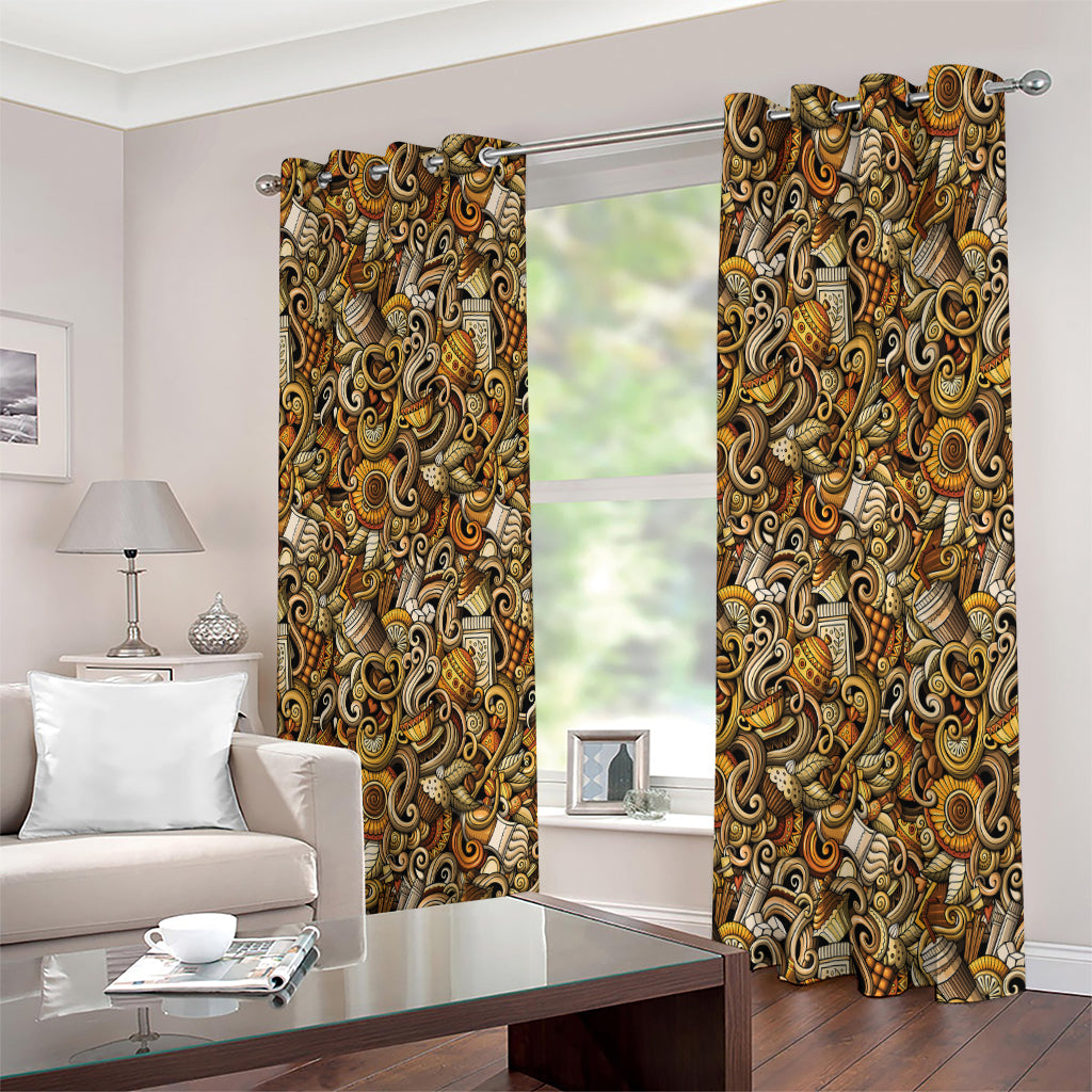 Coffee Drawing Pattern Print Extra Wide Grommet Curtains