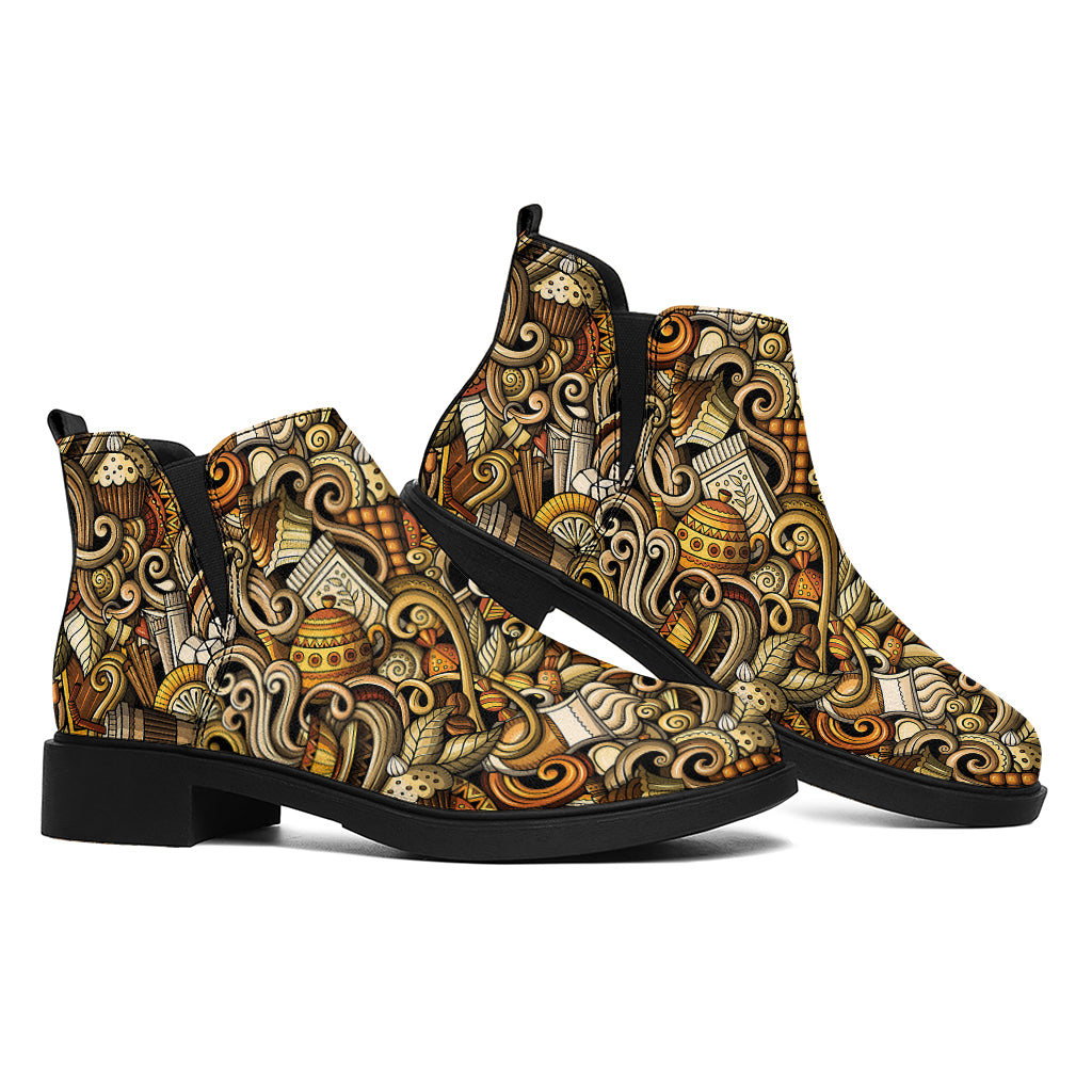 Coffee Drawing Pattern Print Flat Ankle Boots