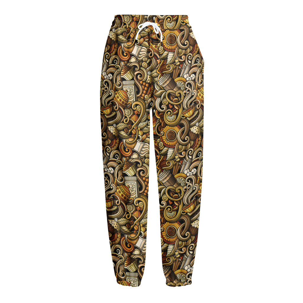Coffee Drawing Pattern Print Fleece Lined Knit Pants