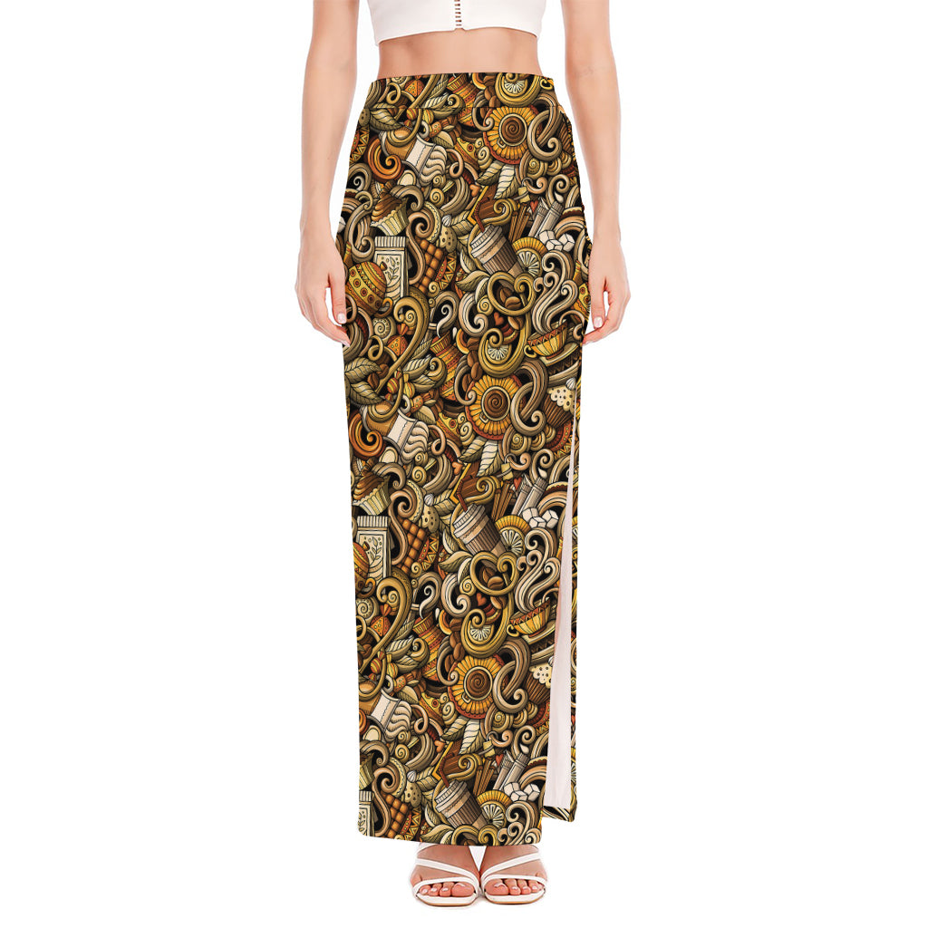 Coffee Drawing Pattern Print High Slit Maxi Skirt