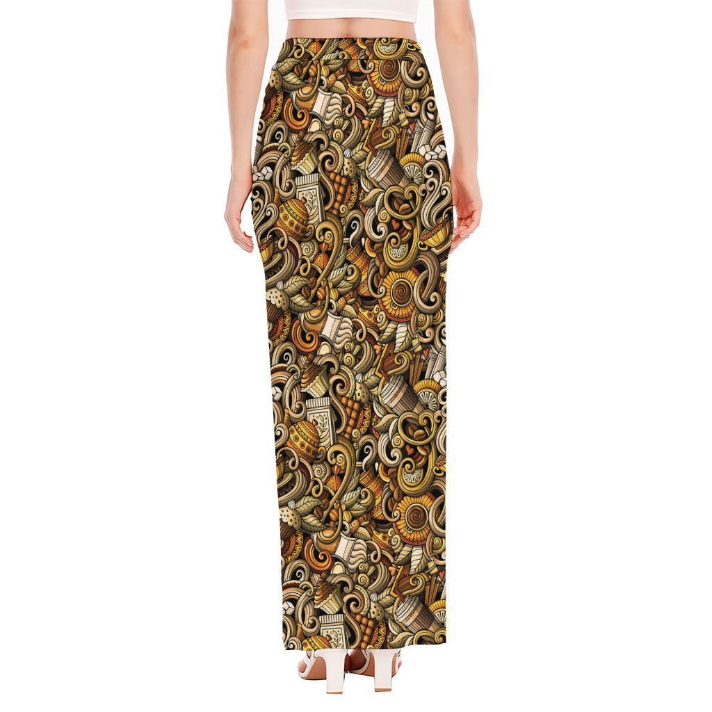 Coffee Drawing Pattern Print High Slit Maxi Skirt