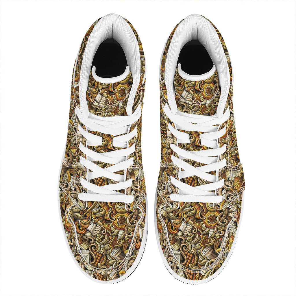 Coffee Drawing Pattern Print High Top Leather Sneakers