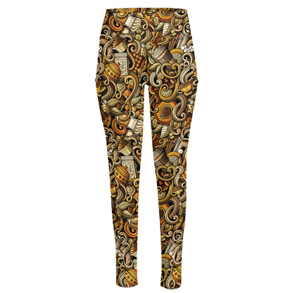 Coffee Drawing Pattern Print High-Waisted Pocket Leggings