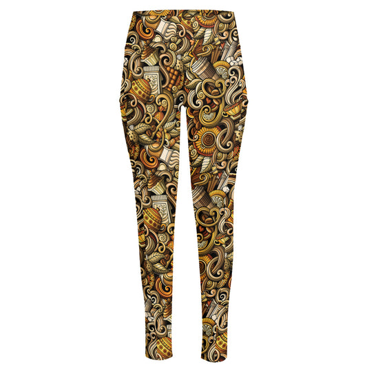 Coffee Drawing Pattern Print High-Waisted Pocket Leggings