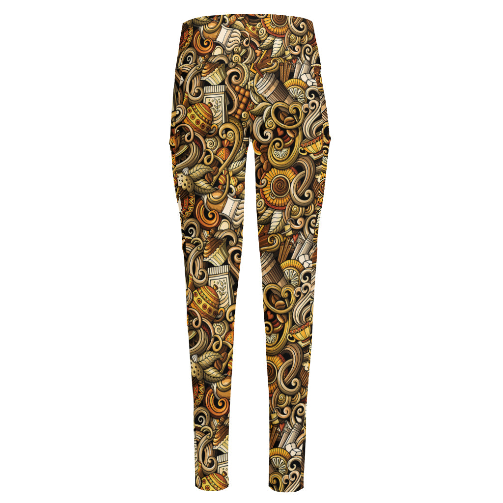 Coffee Drawing Pattern Print High-Waisted Pocket Leggings
