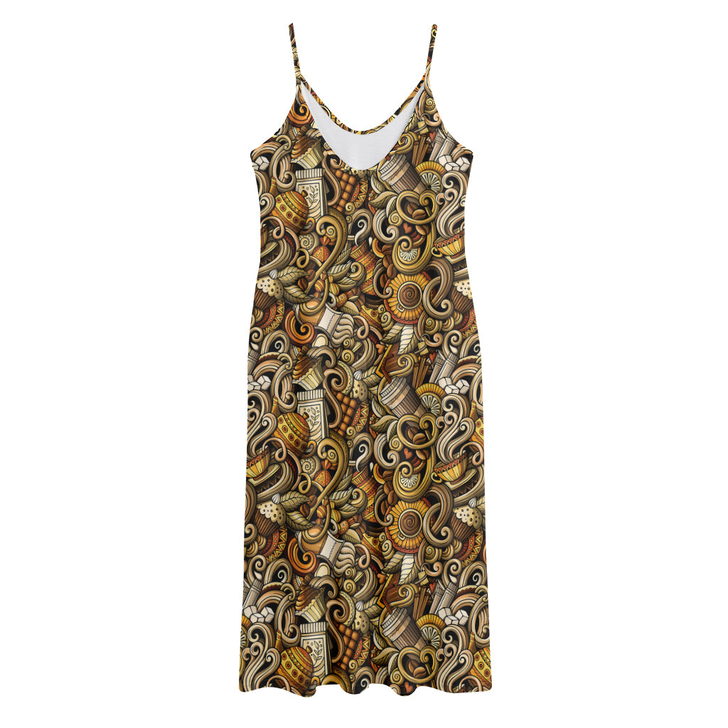 Coffee Drawing Pattern Print Jersey Midi Cami Dress