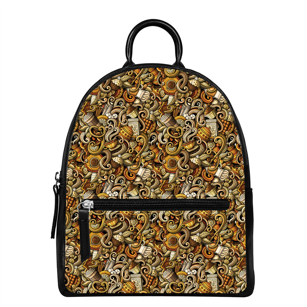 Coffee Drawing Pattern Print Leather Backpack