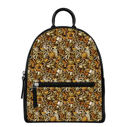 Coffee Drawing Pattern Print Leather Backpack
