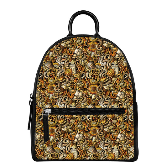 Coffee Drawing Pattern Print Leather Backpack