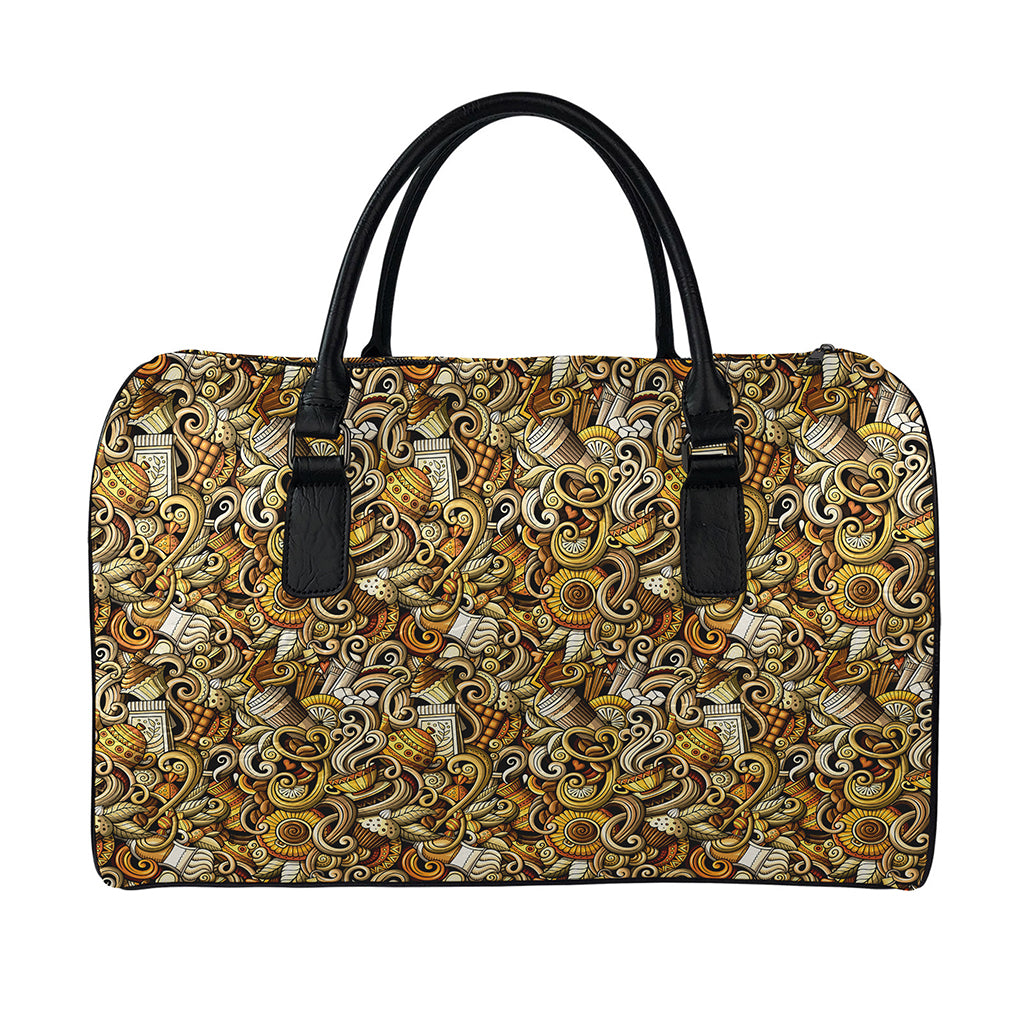 Coffee Drawing Pattern Print Leather Duffle Bag