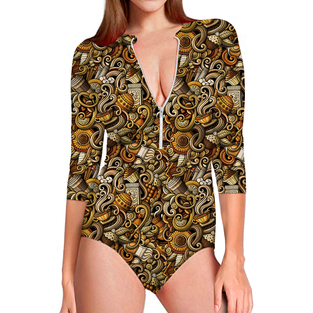 Coffee Drawing Pattern Print Long Sleeve Swimsuit