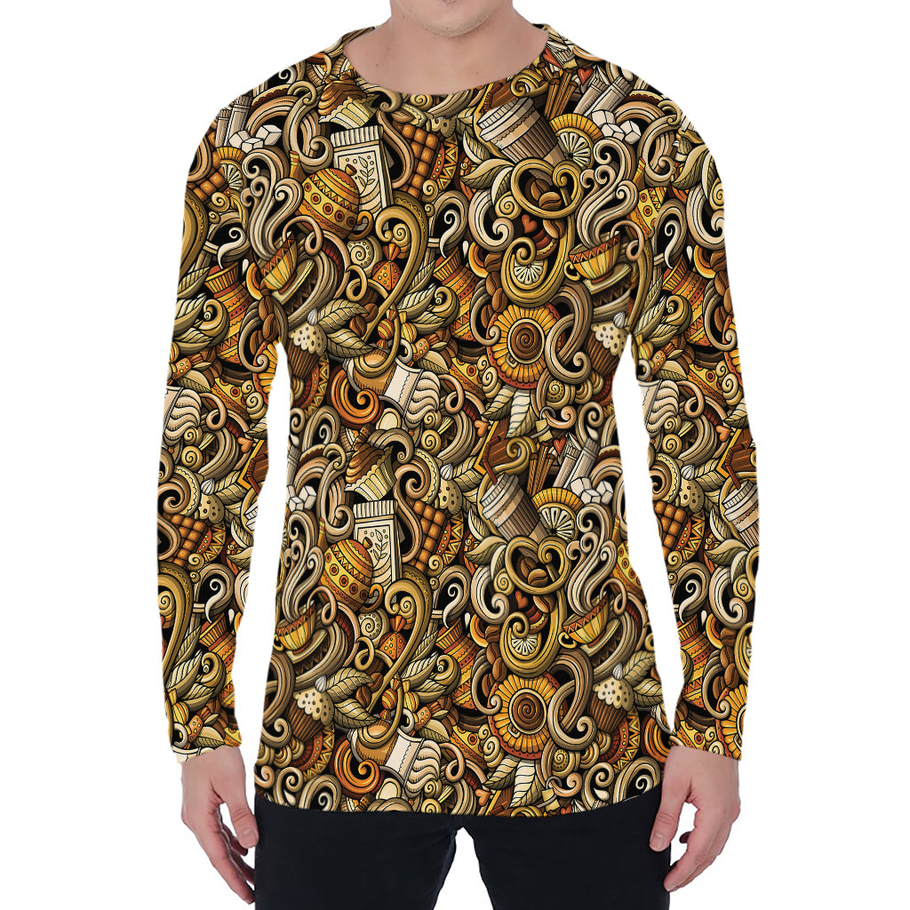 Coffee Drawing Pattern Print Men's Long Sleeve T-Shirt