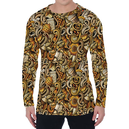 Coffee Drawing Pattern Print Men's Long Sleeve T-Shirt