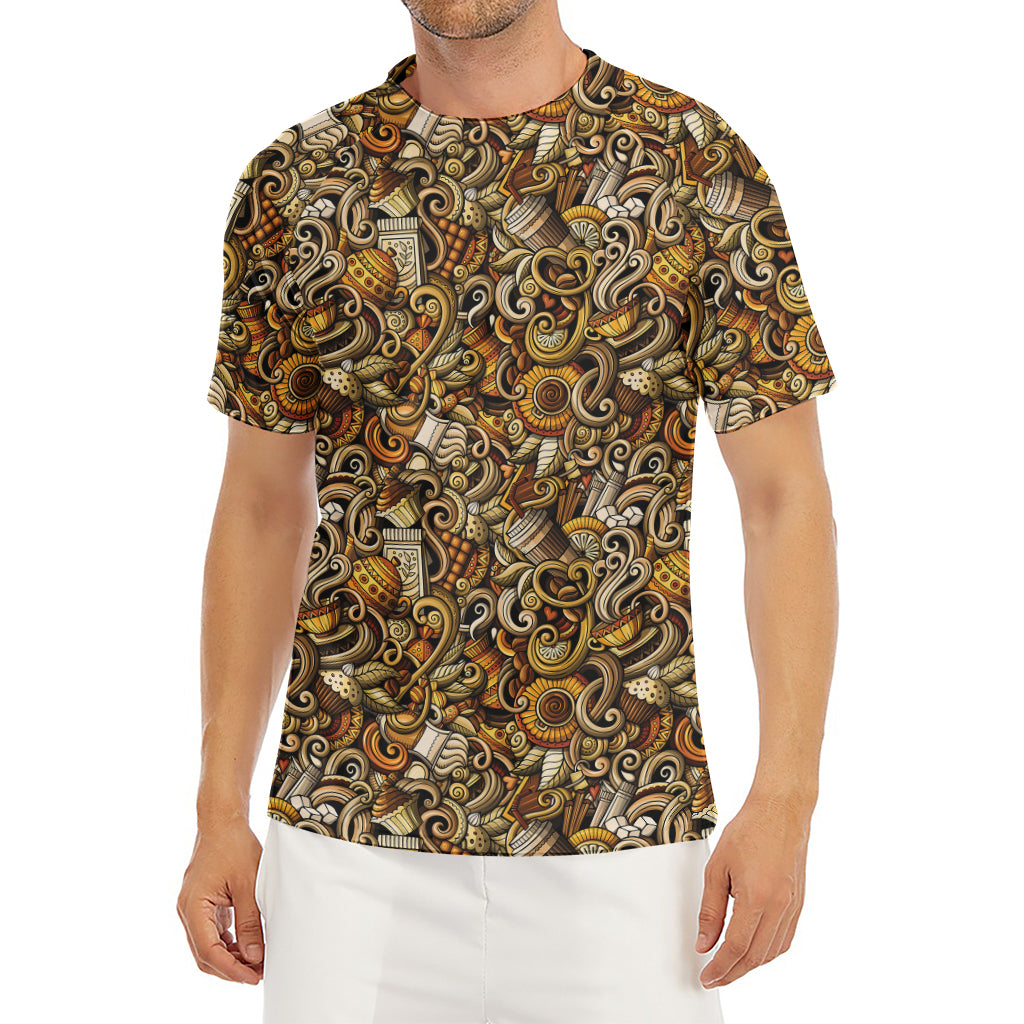 Coffee Drawing Pattern Print Men's Short Sleeve Rash Guard