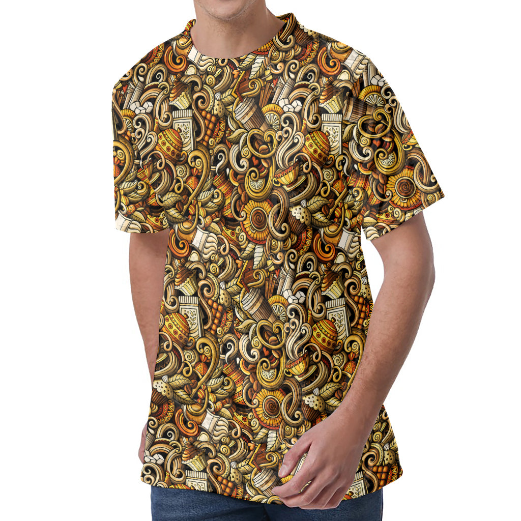 Coffee Drawing Pattern Print Men's Velvet T-Shirt