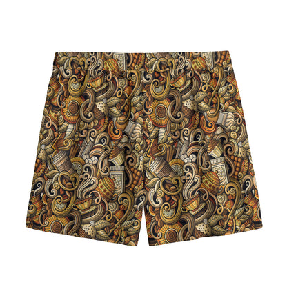 Coffee Drawing Pattern Print Mesh Shorts