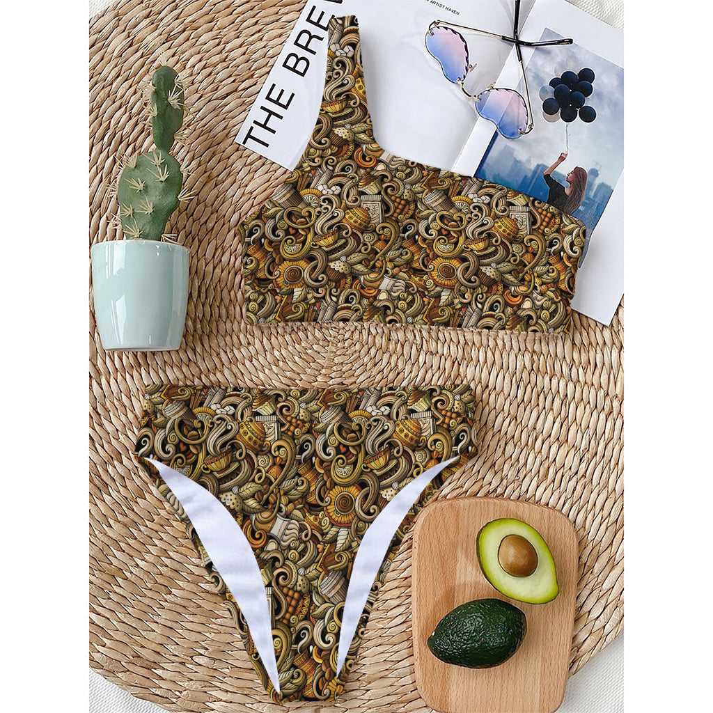 Coffee Drawing Pattern Print One Shoulder Bikini Top