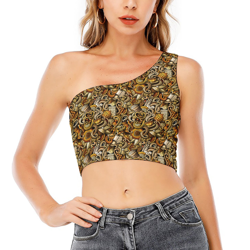 Coffee Drawing Pattern Print One Shoulder Crop Top