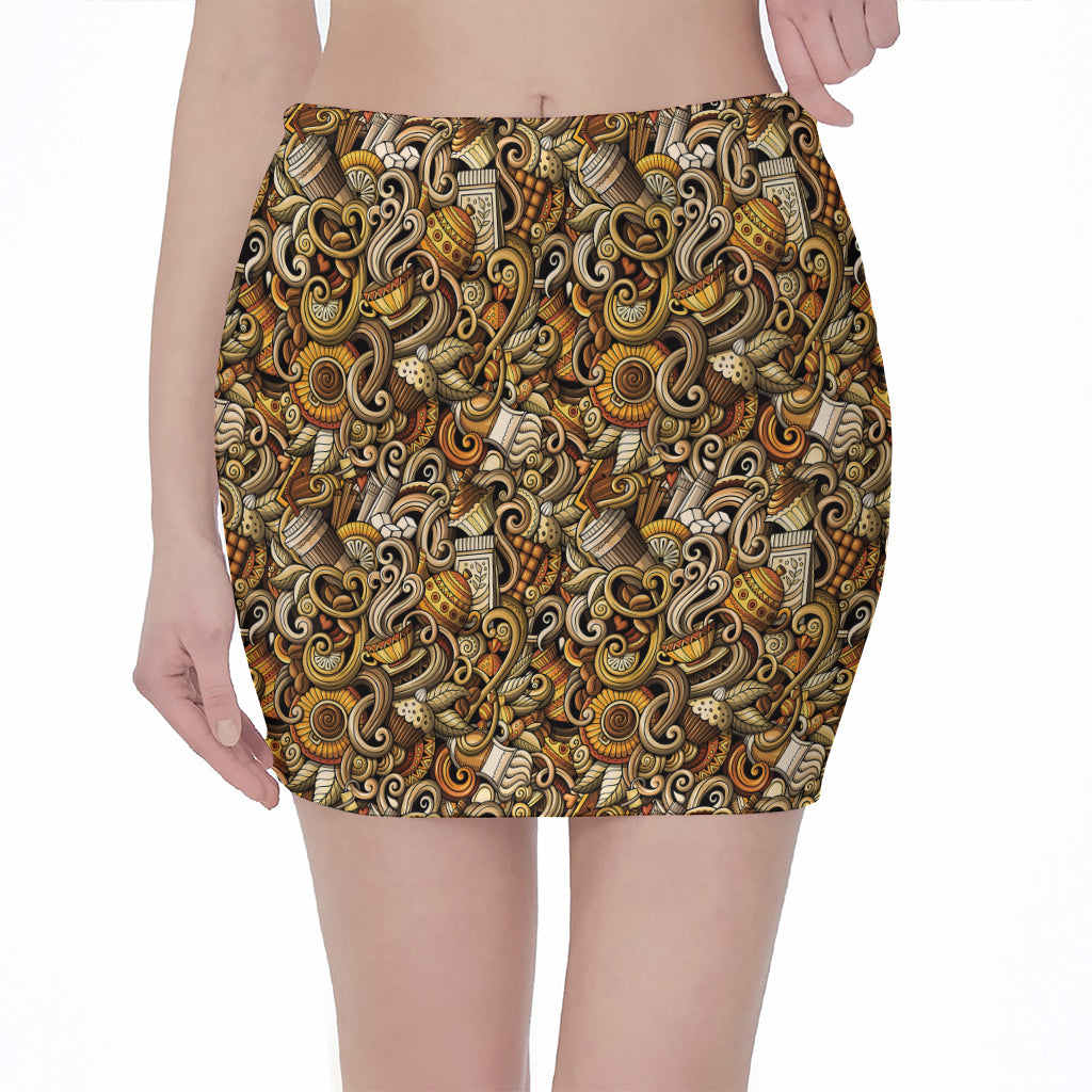 Coffee Drawing Pattern Print Pencil Mini Skirt