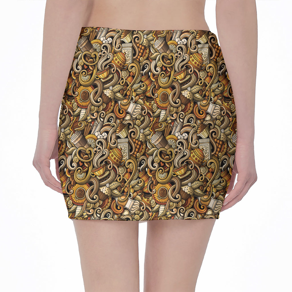 Coffee Drawing Pattern Print Pencil Mini Skirt