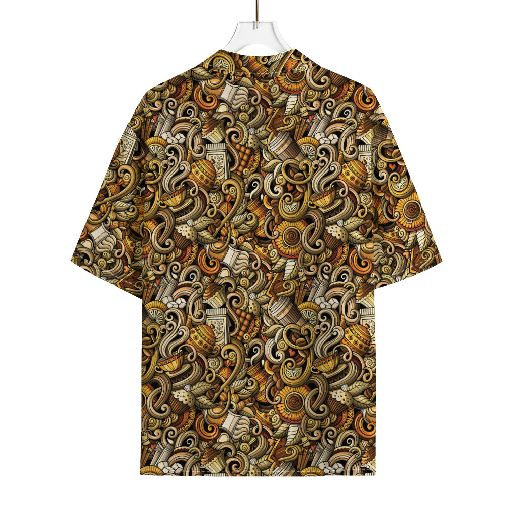 Coffee Drawing Pattern Print Rayon Hawaiian Shirt