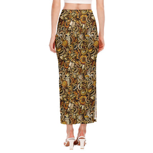 Coffee Drawing Pattern Print Side Slit Maxi Skirt