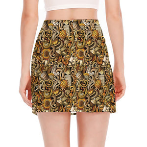 Coffee Drawing Pattern Print Side Slit Mini Skirt