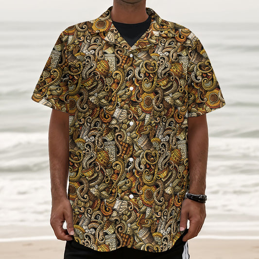 Coffee Drawing Pattern Print Textured Short Sleeve Shirt