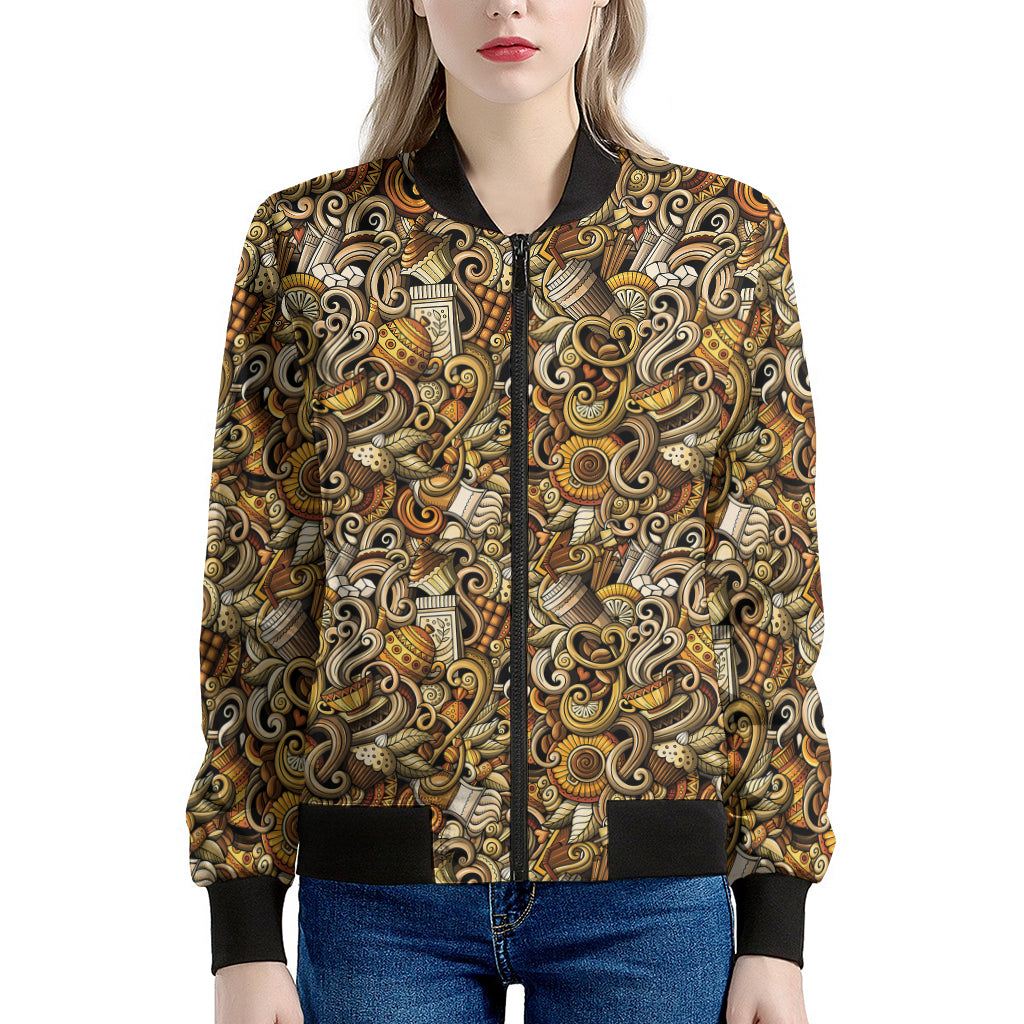 Coffee Drawing Pattern Print Women's Bomber Jacket