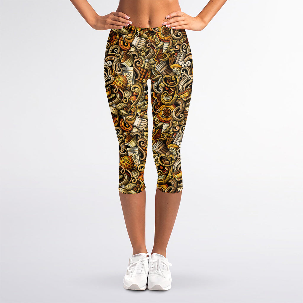 Coffee Drawing Pattern Print Women's Capri Leggings