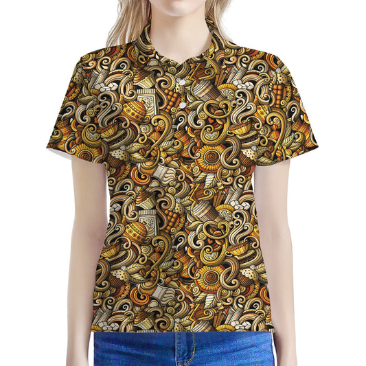 Coffee Drawing Pattern Print Women's Polo Shirt