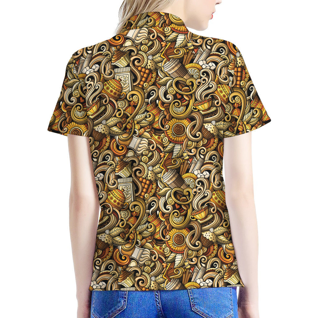Coffee Drawing Pattern Print Women's Polo Shirt