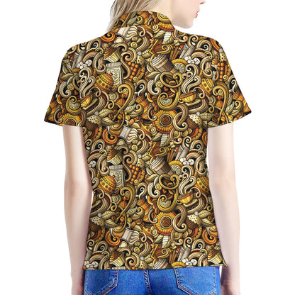 Coffee Drawing Pattern Print Women's Polo Shirt